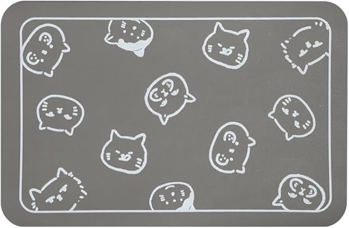 YCT Cat Food Mat, Cat Mat for Food and Water, Pet Feeding Mat, Non-Slip Super Absorbent, with Multiple cat Heads Logo, 18.1 x 11.8 inches, Light Grey