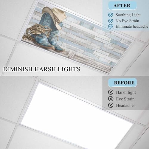 3 Pack Fluorescent Light Cover 4x2 Feet, Western Cowboy Boots Lights Filters Drop Fluorescent Lights Shade Panel, Vintage Country Blue Wooden Magnetic Ceiling Light Cover for Classroom Office
