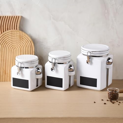 Ceramic Coffee Canister with Airtight Lid and Scoop, Large 74 Fl Oz / 2.2 L Kitchen Food Storage Container Jar for Grounds Coffee, Beans, Tea, Sugar, Flour, Cereal, Nuts, Cookie, White