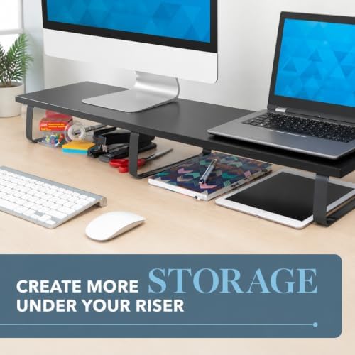 Mount-It! 39" Extra Long Dual Monitor Stand Riser – Ergonomic Desk Organizer for 2 Monitors, Laptop, TV, or Printer – Heavy-Duty Steel & Wood Desktop Shelf with Storage – Supports 44 Lbs – Black