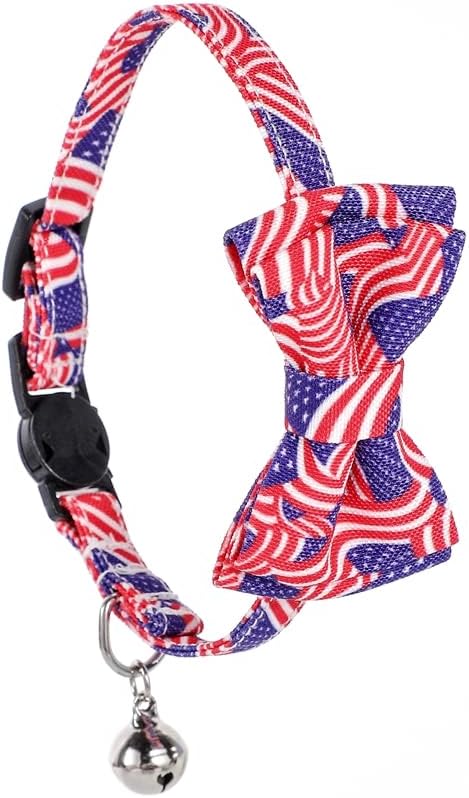 2-Pack Breakaway Cat Collars with Removable Double-Layer Bow Tie and Bell for Boy and Girl Cats Safety Kitten Collars Suitable for Festivals and Daily. (Independence Day)