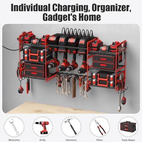 CCCEI Red Power Tool Organizer Wall Mount, Large Tools and Battery Storage Rack Charging Station Individual Switches. Drills Holder, Garage Utility Shelves with 6FT Power Strip. Gift for Men.