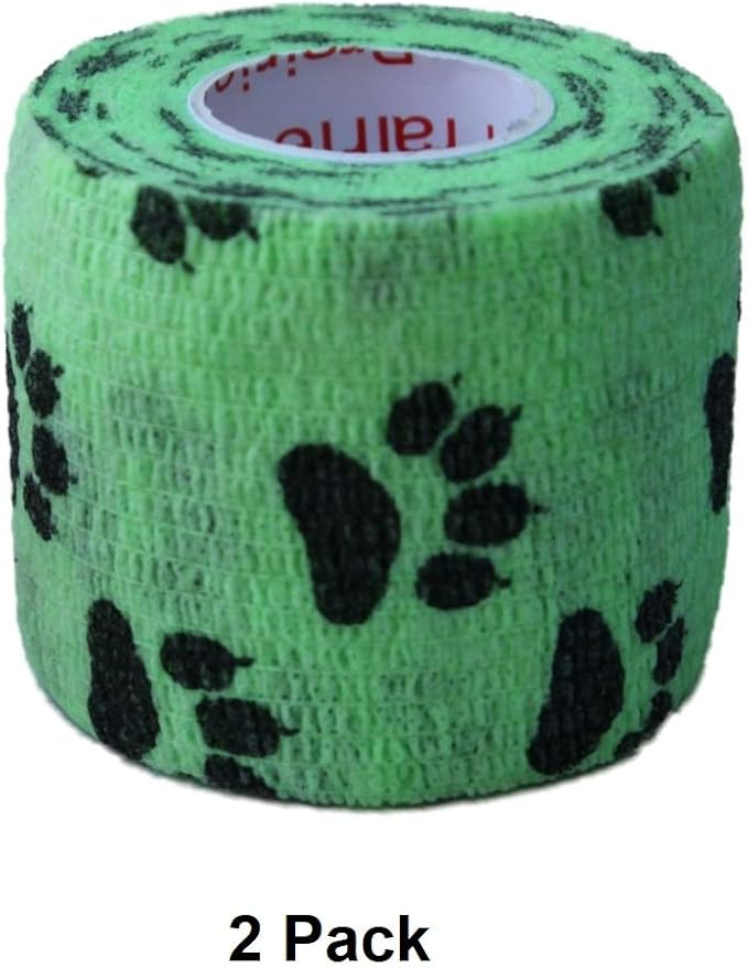 Vet Wrap Wrap Tape (Green with Paw Prints) (2 Pack) (3 Inch x 15 feet) Self Adhesive Adherent Adhering Cohesive Flex Self Stick Bandage Grip Roll Dog Cat Pet Horse
