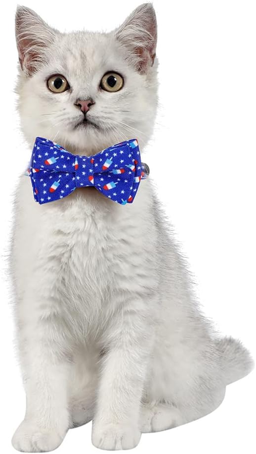 2-Pack Breakaway Cat Collars with Removable Double-Layer Bow Tie and Bell for Boy and Girl Cats Safety Kitten Collars Suitable for Festivals and Daily. (Independence Day 2)