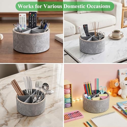 Remote Control Holder, 360°Spinning PU Leather Desk TV Remote Caddy,Desk Storage Box Room Accessories for Controller, Media,Mail,Calculator, Mobile Phone,Pencil(1B-Golden Grey)