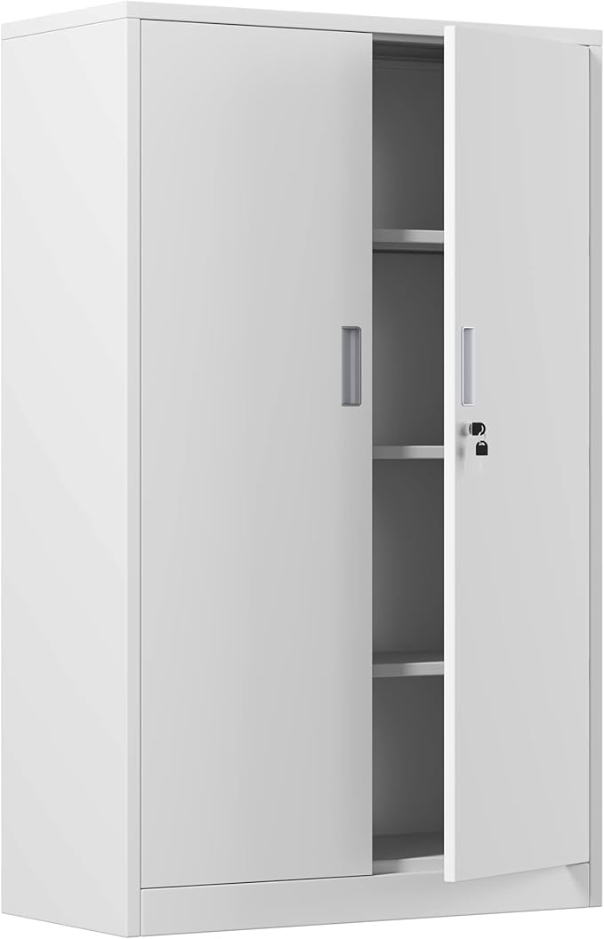 Metal Storage Cabinet with Locking Doors and 3 Adjustable Shelves, 53.5-Inch Lockable Storage Cabinets for Home Office Garage Kitchen Pantry (White)