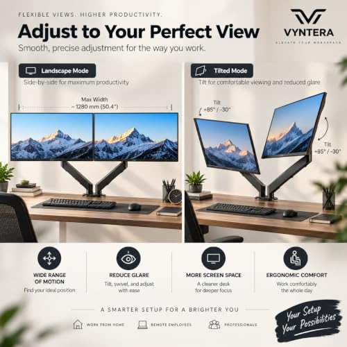 Dual Monitor Arm Stand – Adjustable Gas Spring Desk Mount for 2 Computer Screens, Full Motion Monitor Stand with Dual Clamp Base, Landscape & Portrait Rotation, Tilt & Swivel, Cable Management