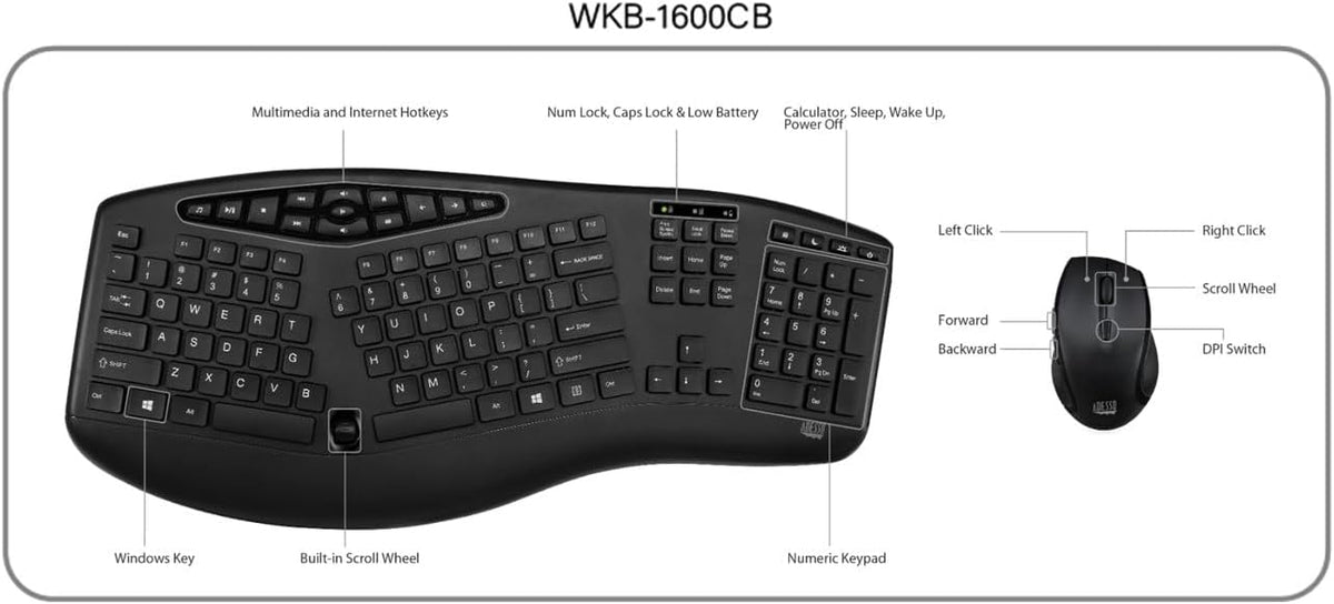 Adesso WKB-1600CB TruForm Wireless Ergonomic Keyboard & Optical Mouse Combo