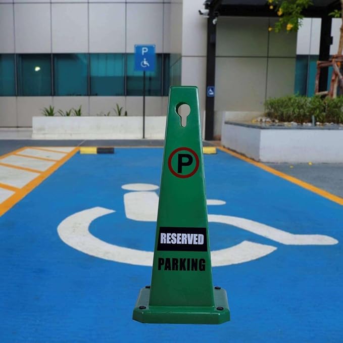 Reserved Parking Sign, 26.4-Inch Green Plastic Cone, High-Visibility, Weatherproof, Slip-Resistant Base, Stackable, Indoor Outdoor Parking Control - 4 Pack