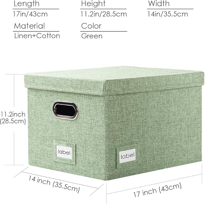 PRANDOM File Organizer Box - Set of 2 Collapsible Decorative Linen Filing Storage Hanging File Folders with Lids Office Cabinet Letter/Legal Size Green 17x14x11.2 inch