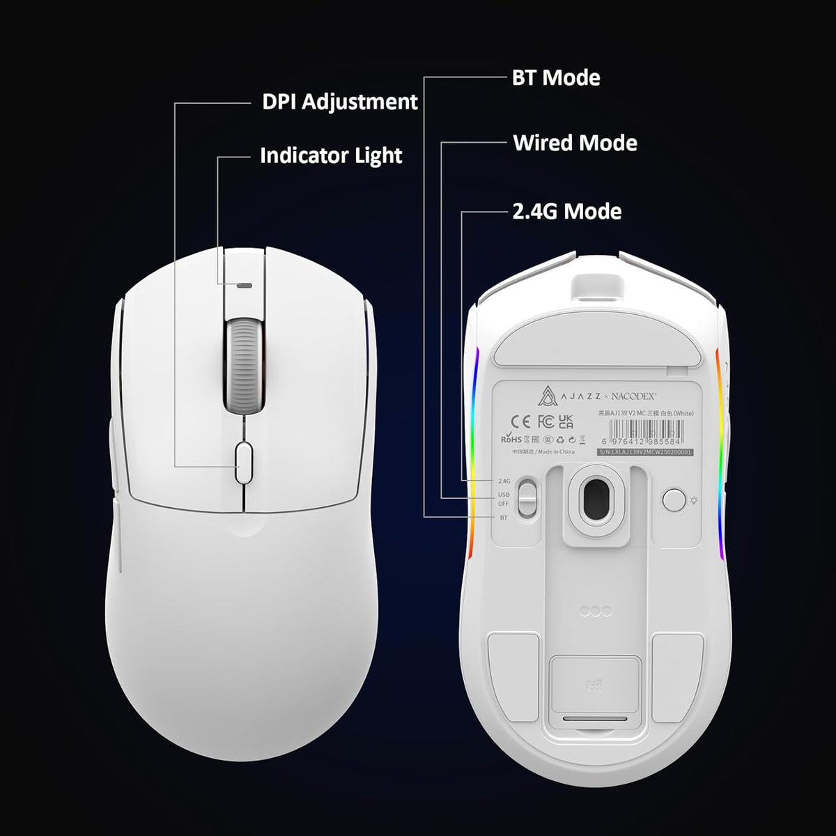AJAZZ AJ139 V2 MC Wireless Gaming Mouse with RGB Charging Dock, 66g Ultra-Lightweight Tri-Mode Optical Mouse, 24000 DPI PAW3311 Sensor, Ergonomic Rechargeable Gaming Mouse for PC/Mac - White