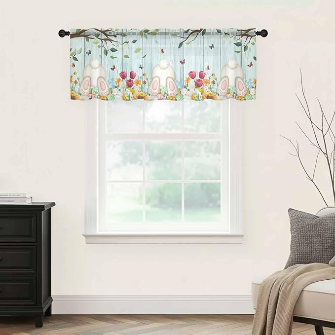 Easter Sheer Valances for Windows 42"x18", Light Filtering Kitchen Curtains