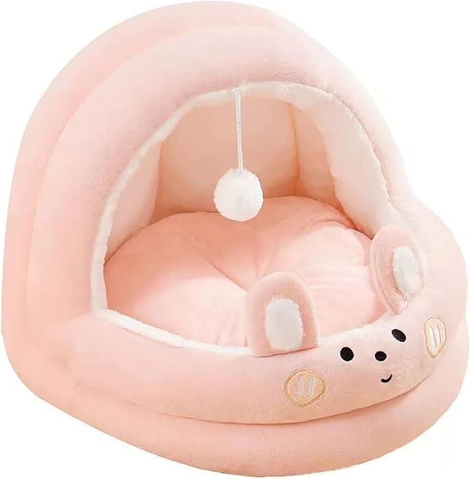 Cat Bed for Indoor Cats, Dog Bed with Anti-Slip Bottom, Rabbit-Shaped Cat/Small Dog Cave with Hanging Toy, Puppy Beds with Removable Cotton Pad, Super Soft Calming Pet Sofa Bed (Pink, Medium)