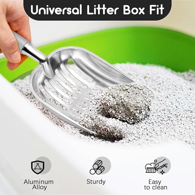 Cat Litter Scoop, Metal Cat Scooper, Plastic Handle Scoop, Sifting Shovel for Christmas â Heavy Duty Aluminum Alloy Litter Box Scoop with Deep Mesh, Design for Easy Waste Removal and Cleaning(Gray)