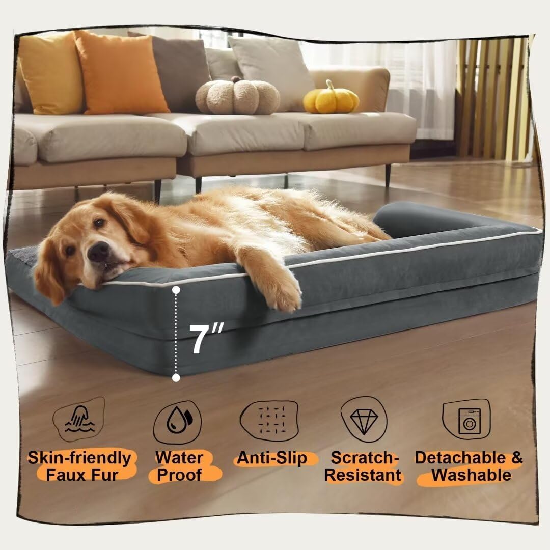 Extra Large Dog Bed-Orthopedic Waterproof XL Dog Bed for XLarge Extra Big Dogs - Foam Couch Sofa Washable with Removable Cover-Dark Grey
