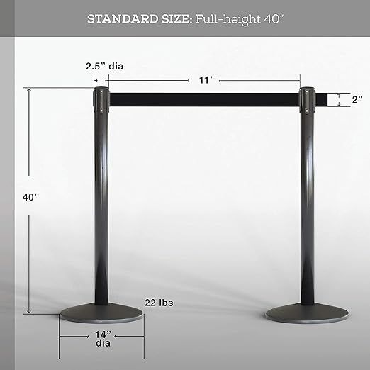 Qbuster Black Stanchions with Retractable Belt, Crowd Control Safety Barrier with 11’ Red Belt, 1 Sign Holder, Set of 2 Posts