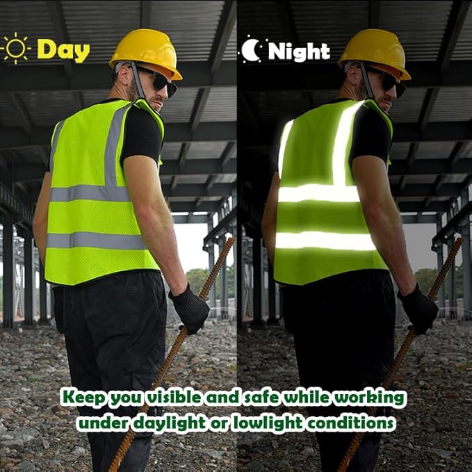 10 Pack Mesh Safety Vest Custom Logo High Visibility Reflective Vest with Pockets Security Work Vest(Yellow,L)