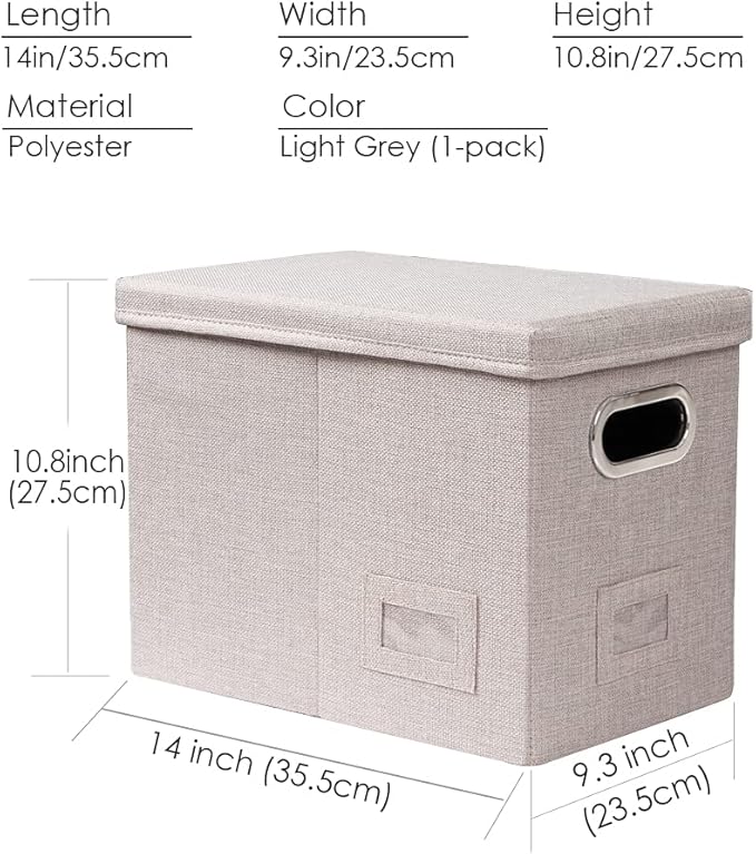 PRANDOM File Organizer Box - Set of 1 Collapsible Decorative Linen Filing Storage Hanging File Folders with Lids Office Cabinet Letter Size Light Grey (14x9.3x10.8 inch)