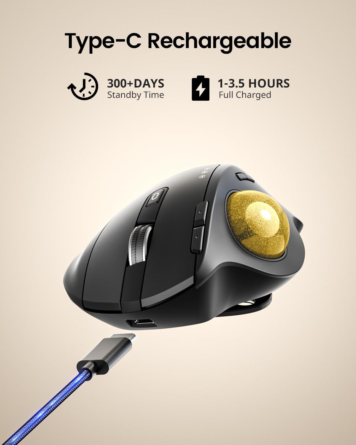 ProtoArc EM01 NL Wireless Trackball Mouse, Rechargeable Thumb Control, Gold