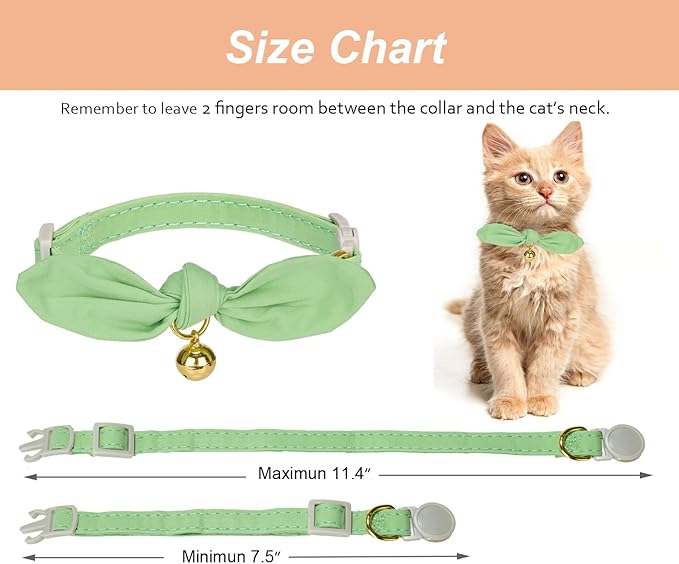 Bunny Ear Cat Collar with Bell and Bow Tie, Breakaway Cute Bowtie Kitten Collars(Grass Green)