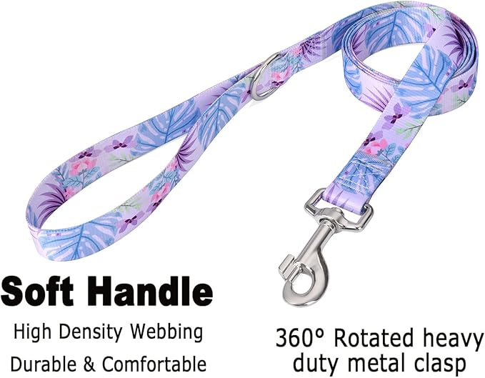 Dog Collar and Leash Set with Bohemia Floral Tribal Geometric Patterns - Soft Ethnic Style Collar Adjustable for Small Medium Large Dogs(Purple Flower Flower Set,S)