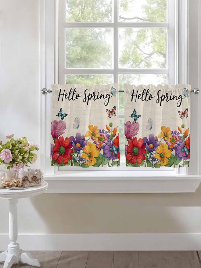 Spring Flowers Half Window Curtains 24 Inches Long, Farmhouse Vintage Country