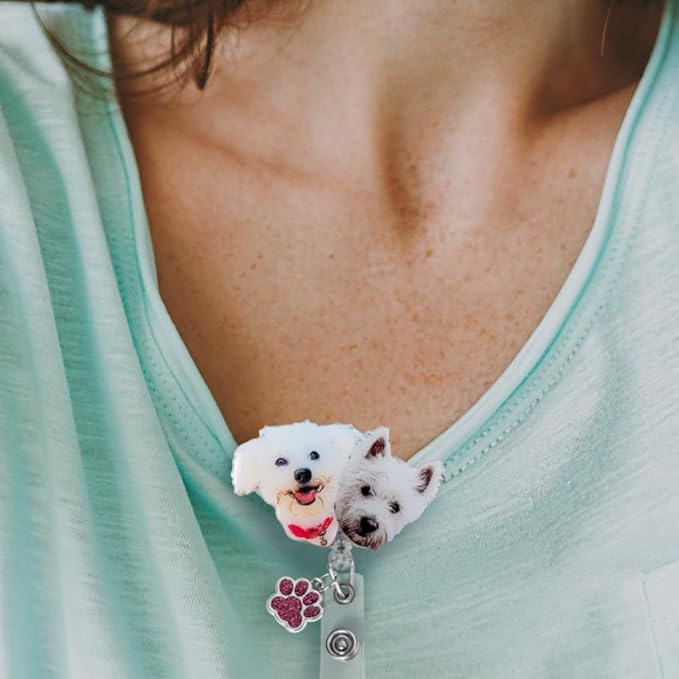 callie Personalized Pet Badge Reel - Custom Dog & Cat Photo, Cute ID Badge Holder Retractable with Alligator Clip & Paw Charm, Gifts for Dog Lover Nurse Vet Doctor(3 Pets)