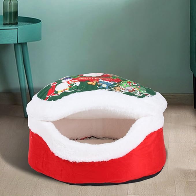 Christmas Sleigh Dog Bed - Red Holiday Themed Pet Bed for Cats and Dogs, Washable and Highly Durable for Indoor and Outdoor Use (B)
