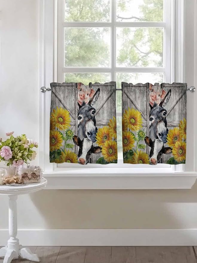 Farmhouse Half Window Curtain 36 Inches Long, Vintage Sunflowers Animals