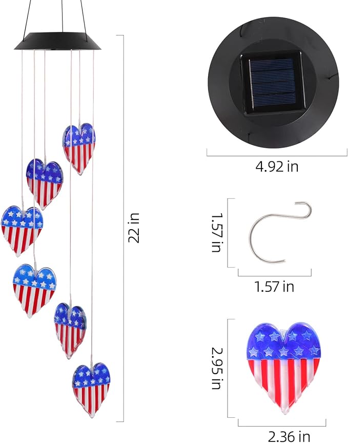American Flag Solar Wind Chimes, Heart-Shaped Love Patriotic Wind Chime Color Changing Solar Lights for Garden Patio Home Decor