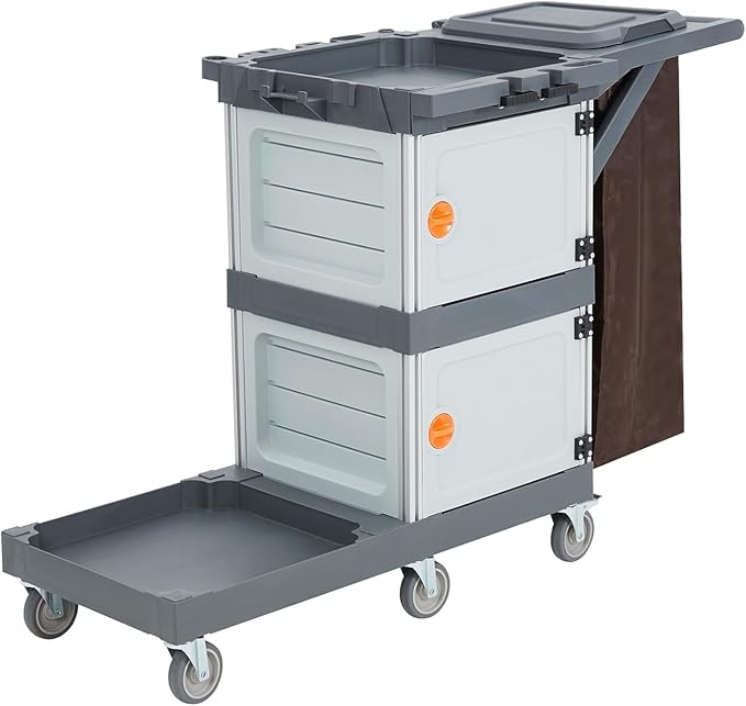 Janitorial Cart with 2 Cabinet, Commercial Traditional Janitorial 3-Shelf Cleaning Cart On Wheels with Cover and Vinyl Bag, Grey