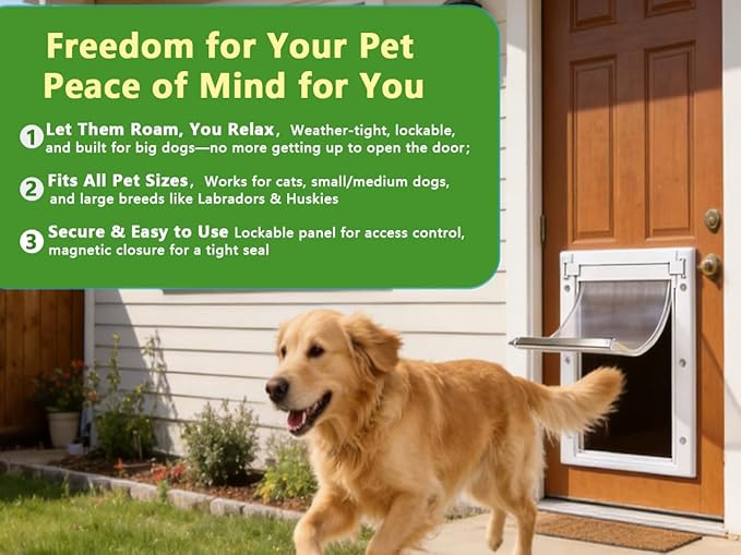 Pet Door Dog Door Easy Install - Wood & PVC Doors & Walls,Cat Door Free Movement & Flexible Control - 2 Magnetic Flaps & Sliding Lock,Telescoping Frame,5 3/4" x 9 1/3" for Small Dogs Cats Up to 15 lb