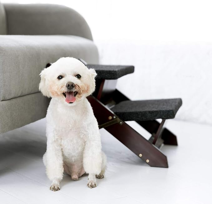 MEWANG Wooden Pet Stairs/Pet Steps - 2-in-1 Foldable Stairs & Ramp for Beds and Cars - Portable Dog/Cat Ladder Up to 110 Pounds - Great for Small and Older Animals(Brown) (17.3" L x 17.24" W x 13" H)