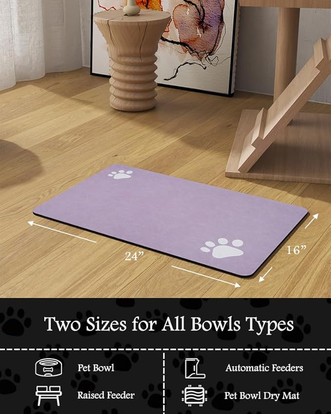 Pet Feeding Mat-Absorbent Dog Mat for Food and Water Bowl-No Stains Quick Dry Water Dispenser Mat-Dog Accessories Pet Supplies-Bowl for Messy Drinkers(Purple,16"x24"