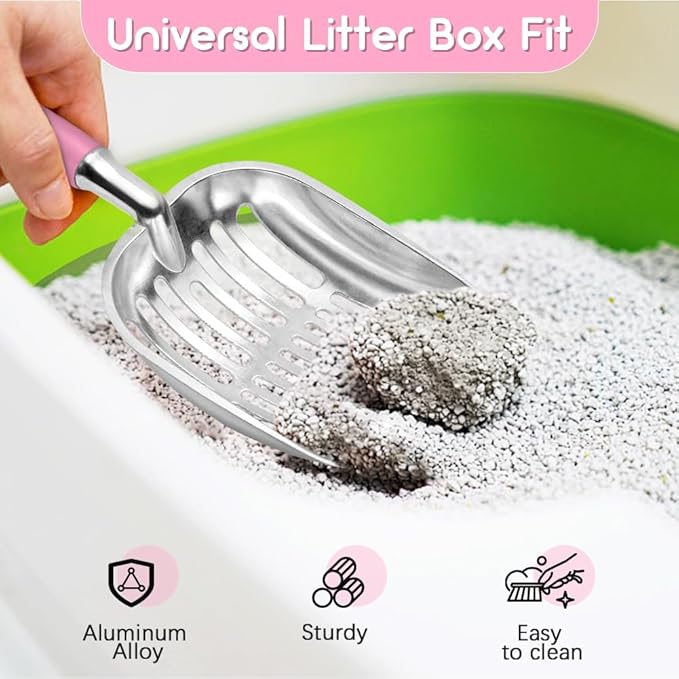 Cat Litter Scoop, Metal Cat Scooper, Plastic Handle Scoop, Sifting Shovel for Christmas â Heavy Duty Aluminum Alloy Litter Box Scoop with Deep Mesh, Design for Easy Waste Removal and Cleaning(Pink)