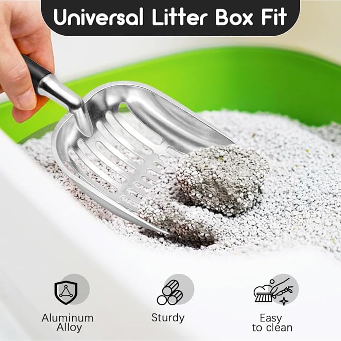 Cat Litter Scoop, Metal Cat Scooper, Plastic Handle Scoop, Sifting Shovel â Heavy Duty Aluminum Alloy Litter Box Scoop with Deep Mesh, Design for Easy Waste Removal and Cleaning, (Black)