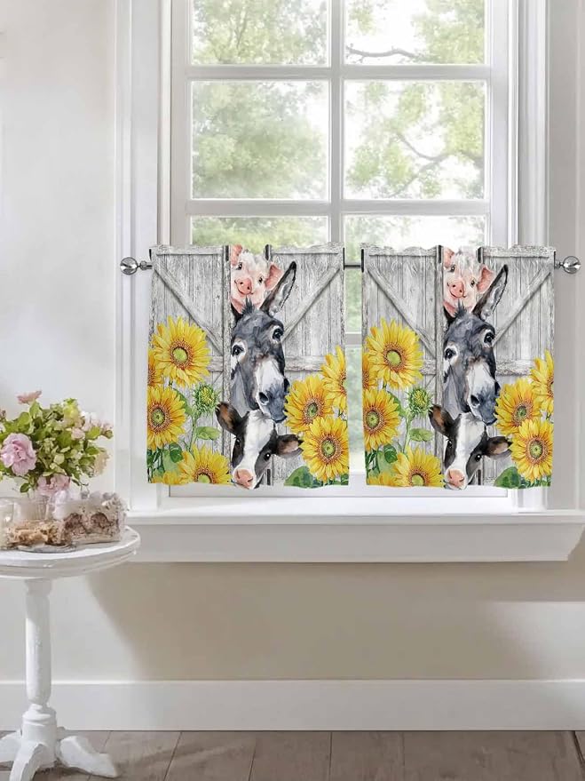 Farmhouse Half Window Curtains 24 Inches Long, Watercolor Sunflowers Animals