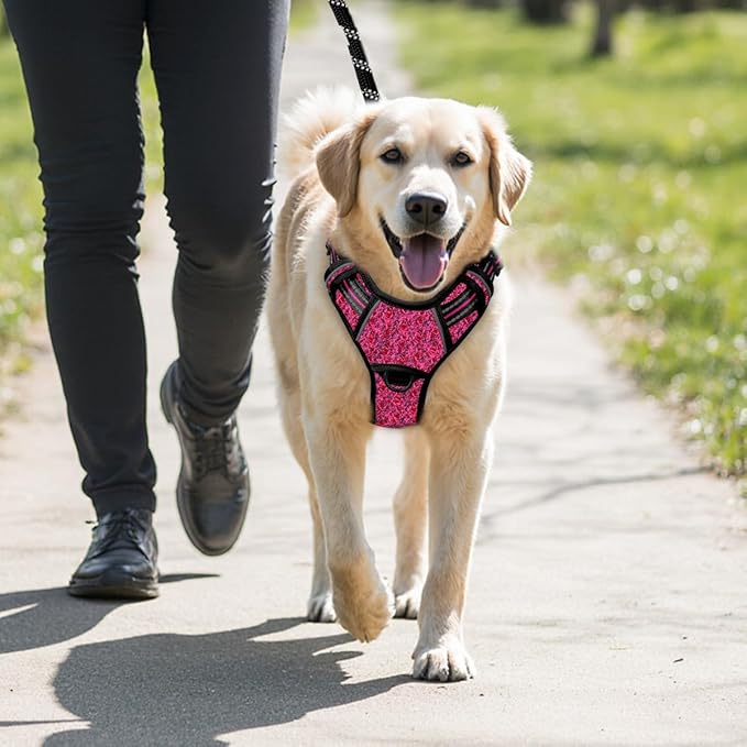 BARKBAY No Pull Dog Harness Large Reflective Dog Harness with Front Clip and Easy Control Handle for Walking Training Running with ID tag Pocket(Pink/Black,XL)