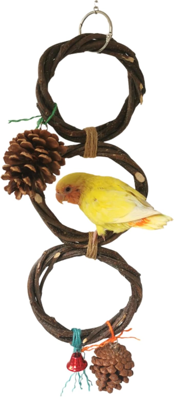 Circle Straw Bird Swing Stand Bird Perches Stand Hanging Chewing Toy for Parrots Bird Playground Cage Accessories Climbing Rope Net Ladders for Foraging Toys(Random Color) (3 Rings)