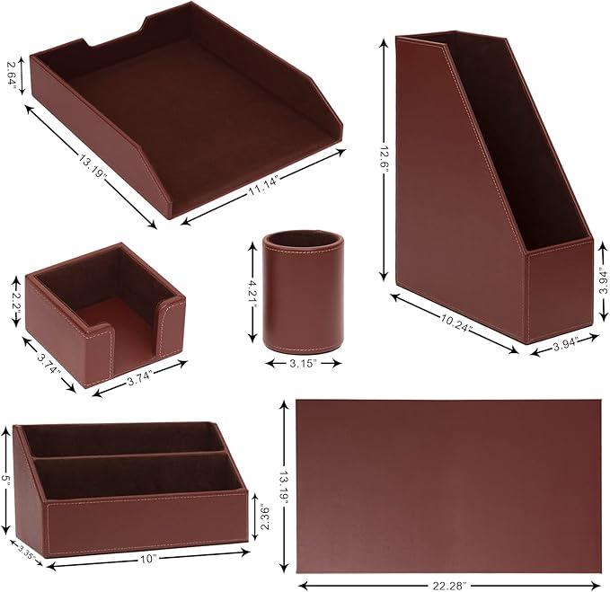 6 Piece Office Supplies/Desk Organizer Set with Desktop Leather Writing Pad,File Paper Tray,Magazine folder Holder, Pen Cup,Sticky Note Holder,Letter Mail Sorter,Workspace Decor for Women Men Brown