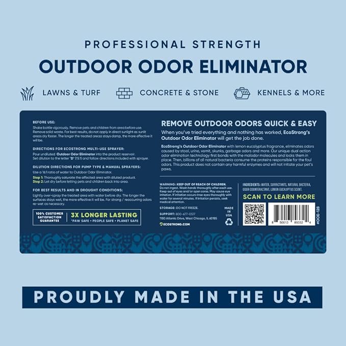 Eco Strong Outdoor Odor Eliminator Outside Dog Urine Enzyme Cleaner Powerful Pet, Cat, Animal Scent Deodorizer | Professional Strength for Yard, Turf, Kennels, Patios, Decks (128 OZ)