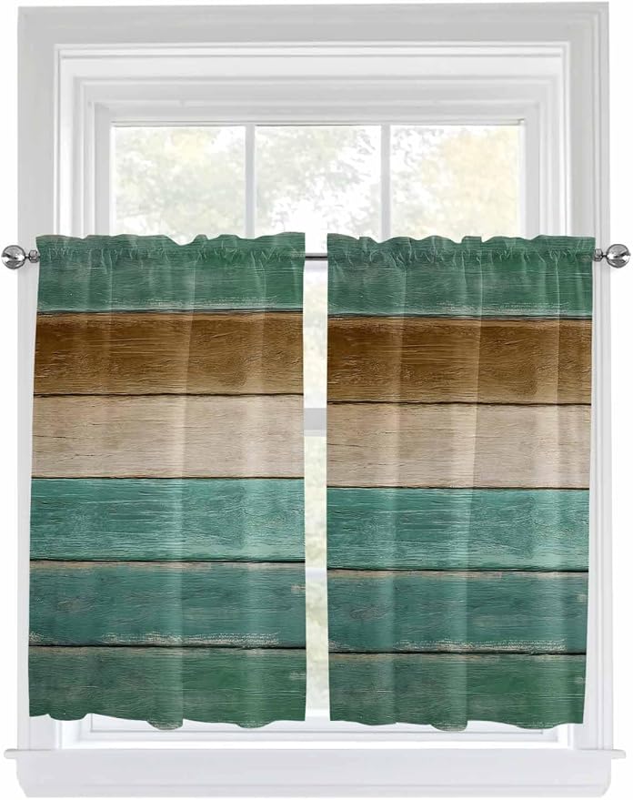 Vintage Plank Turquoise Brown Window Valance Curtains, Farmhouse Wood Grain