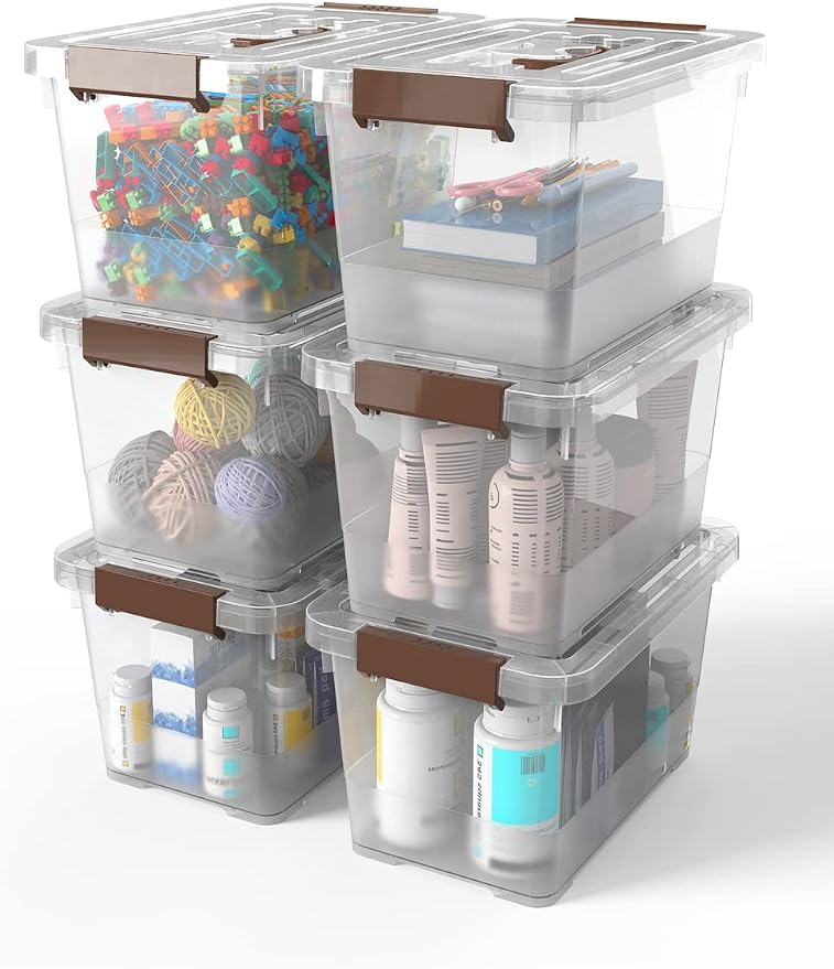 WYT 6-Pack Clear 7 Quart Storage Latch Box/Bins, Plastic Stackable Latching Box