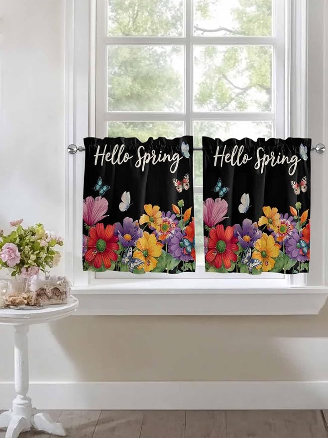 Spring Flowers Half Window Curtains 24 Inches Long, Watercolor Country Colorful