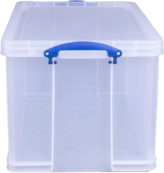 Really Useful Box 84 Liters Storage Container with Snap Lid and Clip Lock Handle for Lidded Home and Item Storage Bins, 4 Pack, Clear