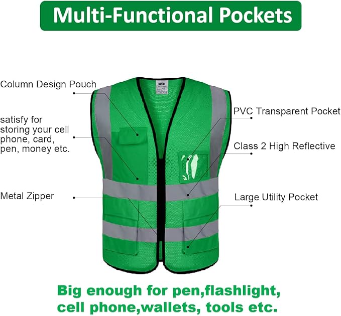 10 Pack Mesh Safety Vest Custom Logo High Visibility Reflective Vest with Pockets Security Work Vest(Green,XXL)