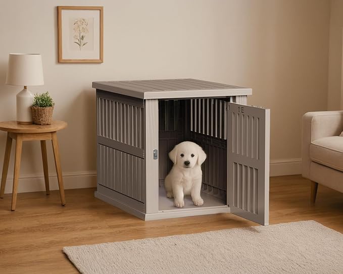 30 INCH Small Dog Crate Furniture Lockable Dog Kennel Indoor Dogs Cage Heavy Duty Decorative Plastic Pet Cage End Table for Small/Medium Dogs,Grey