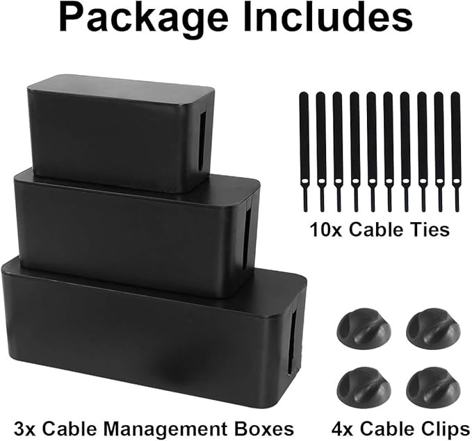 DUNCHATY 3 Pack Cable Organizer Box with Large, Medium, Small Cord Hider Box Safe ABS Material for Cover and Hide TV Wires, Computer, Router, USB Hub and Under Desk Power Strip&Cords