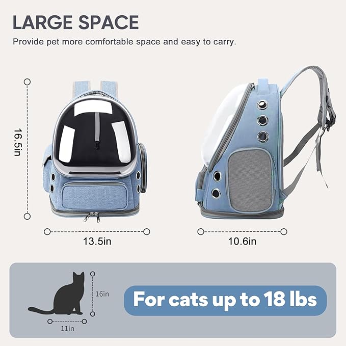 Cat Backpack Carrier, Breathable Cat Bubble Backpack for Kitty & Small Dog, Large Space Cat Carrier Backpack, Foldable Airline Approved Carrier for Trip Vet Travel up to 18lbs(Blue)