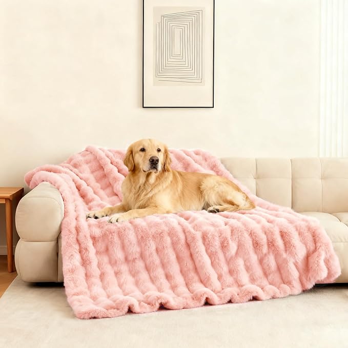 Waterproof Dog Blanket for Sofa Bed Couch, Couch Cover Blanket Fluffy Faux Rabbit Fur Reversible Furniture Protection, Pet Blanket for Medium Large Dogs Cats
